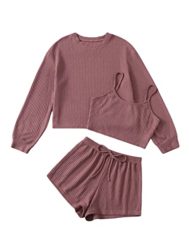 COZYEASE Women's 3 Piece Lounge Sets Ribbed Knit Cami Top Long Sleeve Tee Shirts and Shorts Pajama Sets Dusty Pink S