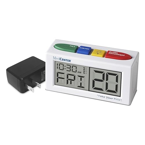 MEDCENTER Talking Alarm Clock, Medication Pill Reminder Clock, Talking Alarm Clock for Dementia, Hearing, Visually impaired Seniors-Digital Clock w/Easy Set Alarms Ex Large White w/AC Adapter
