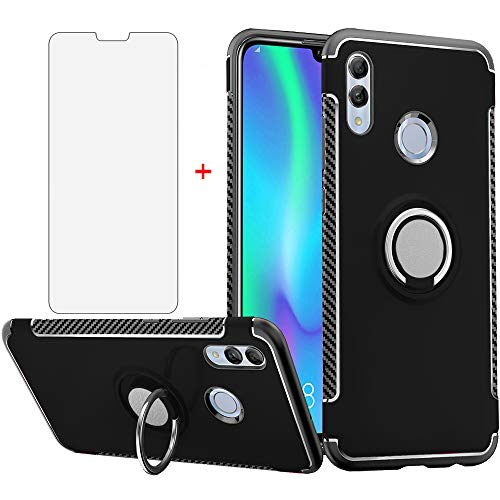 Phone Case for Huawei Honor 8X with Tempered Glass Screen Protector Cover and Magnetic Stand Ring Holder Slim Hybrid Hard Rugged Cell Accessories Kickstand Protective Huwai Honor8X Cases Men Black