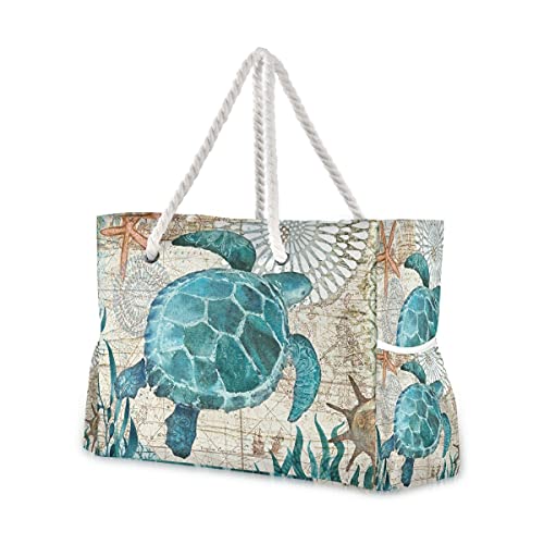 senya Large Beach Bags Totes Canvas Tote Shoulder Bag Water Resistant Bags for Gym Travel Daily (Sea Turtle Starfish)