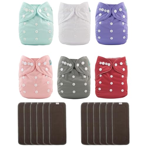 ALVABABY Baby Cloth Diapers/6 Pack with 12 pcs 5-Layer Charcoal Inserts/Adjustable Washable Reusable 6BM100-ZTN