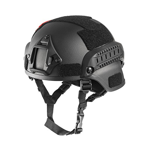 OneTigris Helmet MICH 2000, 3mm ABS Plastic Adjustable ACH Tactical Helmet with Ear Protection, Front NVG Mount and Side Rail (Black)