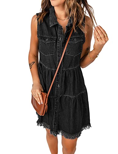 luvamia Women's Summer Sleeveless Denim Dress Button Down Knee Length Dress Faded Black Size Medium fits Size 8-Size 10