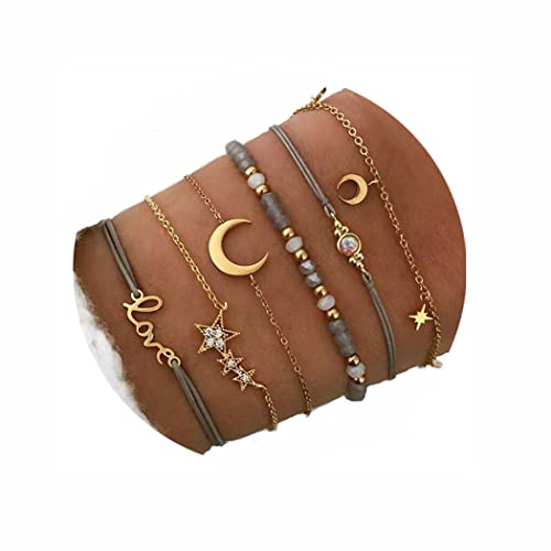 Aluinn Boho Rope Bracelet for Women Fashion Gold Moon Hand Catenary Star Lovr Hand Chain Pearl Bracelet Jewelry for Girls