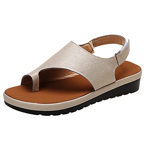 Shengsospp Womens Flat Sandals Cork Footbed Slides With Adjustable Buckle Slip On Slip Sandals Comfort and Wide Widths Available Gold_05, 9