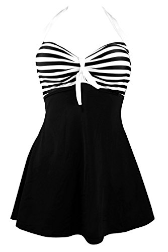 COCOSHIP Black & White Striped Vintage Sailor Pin Up Swimsuit One Piece Skirtini Cover Up Beachwear S(US6)