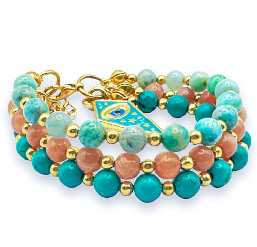 Mirilya Crystals and Healing Stones Bracelet Turquoise Peach-Moonstone Amazonite Gemstones with Evil Eye Charm for Anxiety Depression Positivity and Protection