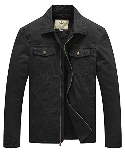 WenVen Men's Casual Canvas Cotton Lightweight Military Jacket (B-Black,L)