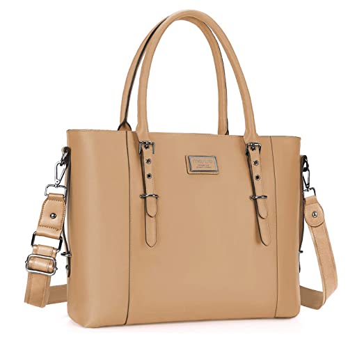 MOSISO PU Leather Laptop Tote Bag for Women (17-17.3 inch), Apricot