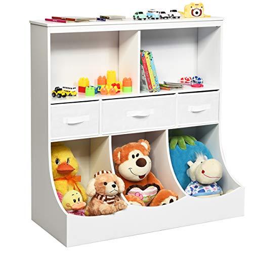 Costzon 3-Tier Kids Bookcase Toddler Storage Organizer Cabinet Shelf w/ 8 Compartment Box and 3 Removable Drawers for Children, Freestanding Storage Unit for Bedroom Decor Room (White)