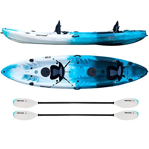 DRIFTSUN Teton 120 Hard Shell Kayak, 2 or 3 Person Sit On Top Fishing Kayak with 2 EVA Padded Seats, Includes 2 Aluminum Paddles and Fishing Rod Holder Mounts