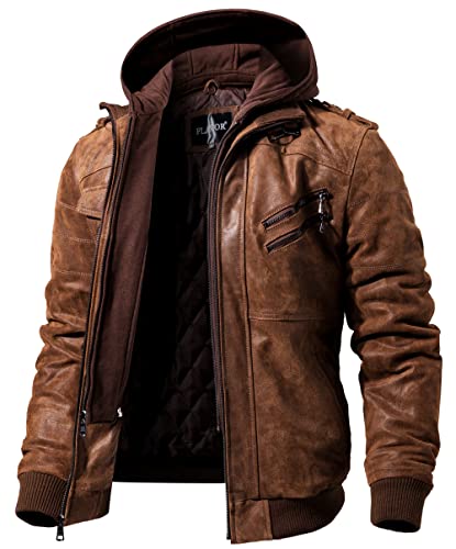 FLAVOR Men Brown Leather Motorcycle Jacket with Removable Hood (Large (US standard), Brown)