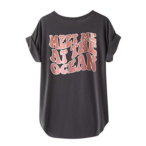 T-Shirts for Women O-Neck Short Sleeve Punk Statement Side Slit Top T-Shirt Tee Blouses Tops for Women D Grey