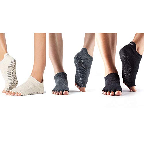 toesox Low Rise Half Toe Multi Pack – Grip Non-Slip Toe Socks for Pilates Barre Yoga, Medium, Black, Charcoal & Oatmeal - 3 Pack