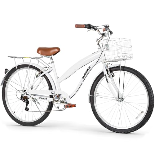 WEIZE Beach Cruiser Bike, 26 inch Commuter Bicycle for Adult Men and Women, 7-Speed/High-Carbon Steel/Front & Rear Fenders, Comfortable City Bikes with Rear Rack&Basket, Ergonomic Upright Design,White