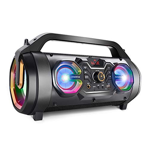 Bluetooth Speaker, 30W Portable Bluetooth Boombox with Subwoofer, FM Radio, RGB Colorful Lights, EQ, Stereo Sound, Booming Bass, 10H Playtime Wireless Party Speaker for Home, Outdoor, Travel, Camping
