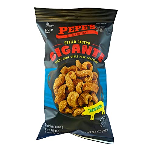 Pepes Giant Home Style Pork Cracklings 3.5oz. Shipping Included if you spend $25 or more on items shipped by Snacks and More LLC. (Original Plain)