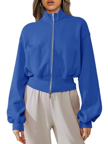 Fisoew Women's Full Zip Sweatshirts No Hood Loose Fit Long Sleeve Workout Short Sweatshirt with Pockets Blue