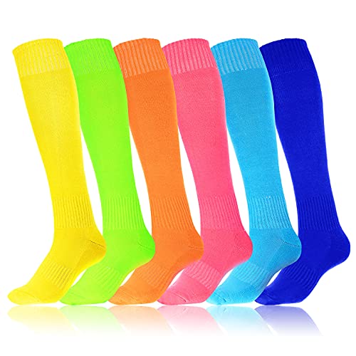 SATINIOR, 6 Pairs Neon Knee Socks Colorful Tube Sock Over the Calf Socks Solid Color High Socks Non-Slip Unisex Socks for Athletic Soccer 80s Cosplay Costume Party Accessory, Multicolor, Medium