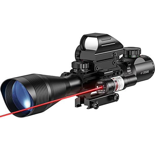 MidTen Riflescope Combo 4-12x50EG Dual Illuminated Optics & IIIA/2MW Laser Sight(Red) & 4 Holographic Reticle Red/Green Dot Sight & 20mm Scope Mount
