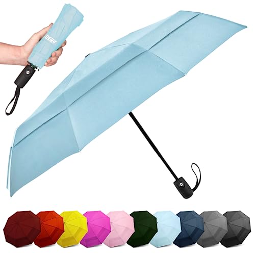 EEZ-Y Windproof Travel Umbrellas for Rain - Lightweight, Strong, Compact with & Easy Auto Open/Close Button for Single Hand Use - Double Vented Canopy for Men & Women - Light blue