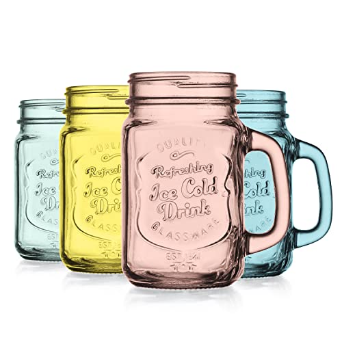 Glaver's Mason Jar Drinking Glasses Set Of 4, 15 oz. Colored Mugs With Embossed Ice-Cold Drinkware Logo, Glass Mason Jar Mug With Handle. For Smoothies, Cocktails, Beverages. Hand Wash
