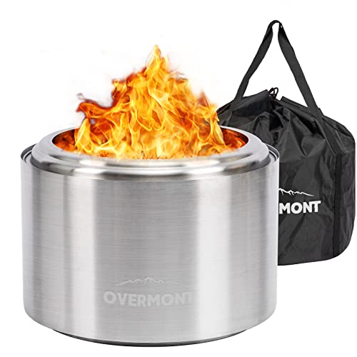 Overmont Outdoor Smokeless Fire Pit - 19.5in Bonfire Wood Burning Fireplaces with Removable Ash Pan and Carry Bag - Ideal for Camping, Stainless Steel, H: 12.6 in x Dia: 19.5 in, 22 lbs