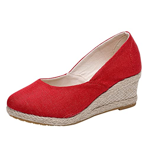Shengsospp Summer Low Wedges Womens Comfortable Open Toe Sandal Open Toe Espadrille Wedge Sandals Boho Style Sandals for Indoor and Outdoor 10-Red, 6.5-7