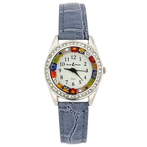 GlassOfVenice Murano Glass Watch Millefiori and Crystals with Leather Band - Light Blue