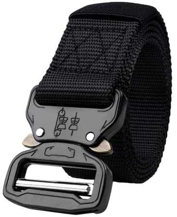 Vokkeno Mens Tactical Nylon Web Belts with Quick Release Metal Buckle, Military Style Heavy Duty Work Belt for Hiking Sports (Black)