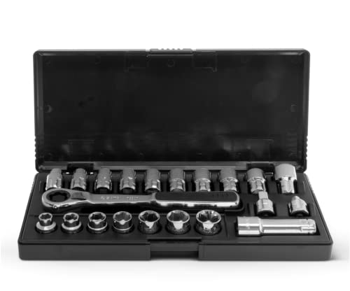SATA 21-Piece Pass-Thru Socket Set, 3/8-Inch Drive Metric/SAE Sizes, with a Professional Pass-Thru Design and a Black Storage Case - ST09134SJ