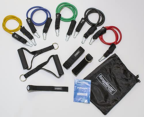 Official RangeMaster FitRanger Resistance & Exercise Bands Set for Home, Office, Gym Workouts & Physical Therapy | Include: Bands, Handles, Instruction Booklet, Carry Bag, Door Anchor & Ankle Straps