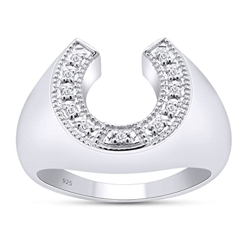 SAVEARTH DIAMONDS 1/10 Carat Round Cut Lab Created Moissanite Diamond Horseshoe Statement Ring In 14K White Gold Plated 925 Sterling Silver Jewelry For Men (G-H Color, 0.10 Cttw) Ring Size -12
