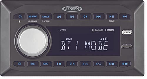 Jensen JWM30 Multisource 3-zone Stereo, Black; 3 Speaker Zones (A/B/C); 6 Total Speaker Outputs; Dual Bluetooth with A2DP/AVRCP Streaming Audio; Front HDMI Input; Digital AM/FM Tuner; Time/Alarm Clock