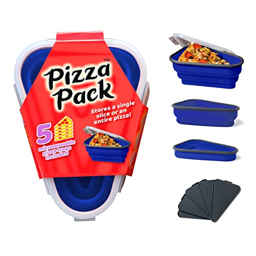 The Perfect Pizza Pack - Reusable Pizza Storage Container with 5 Microwavable Serving Trays - BPA-Free Adjustable Pizza Slice Container to Organize & Save Space, Blue