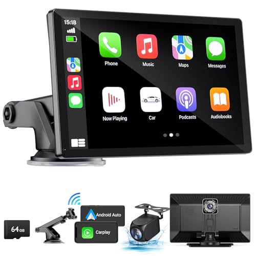 HAUXIY Wireless Carplay Touchscreen with 4K Dash Cam, 9' Portable Apple Carplay & Android Auto Car Stereo, Carplay Screen with 1080p Backup Camera, GPS Navigation/Mirror Link/Voice Control/Bluetooth