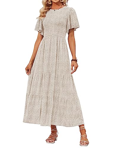 ZESICA Women's 2024 Summer Casual Floral Print Short Flutter Sleeve Crew Neck Smocked High Waist Flowy Maxi Dress,Beige,Medium
