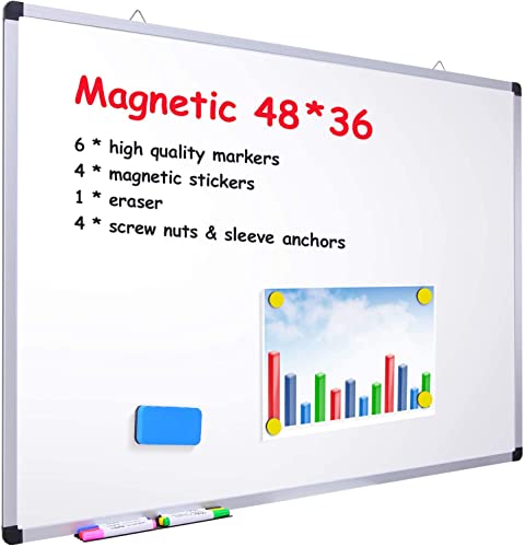 48' x 36' Dry Erase Board, Ohuhu Magnetic Large Whiteboard/White Board with 6 Color Dry Erase Markers, 4 x Magnetic Stickers, 1 x Eraser, 4 x Screw Nuts & Sleeve Anchors, Aluminum Frame, Silver