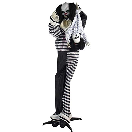 Haunted Hill Farm Life-Size Animatronic Scary Talking Clown with Doll and Motion and Touch Activated Lights and Sounds, Battery Operated Indoor or Covered Outdoor Halloween Decoration