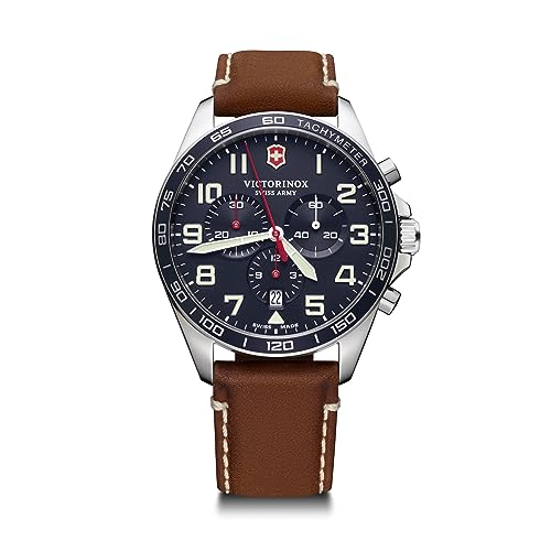 Victorinox Fieldforce Chrono - Men's Watch & Timepiece - Wristwatch for Men - Blue Dial and Brown Leather Strap