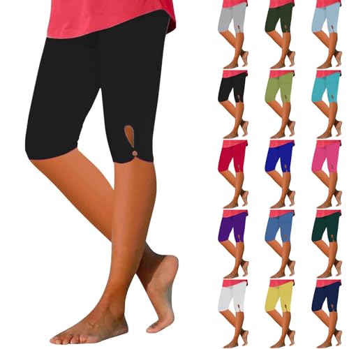 Capri Leggings for Women Tummy Control Knee Length Capri Leggings 2024 Trendy Summer Cropped Pants Casual Solid Comfy Capris(01#Black,Large)