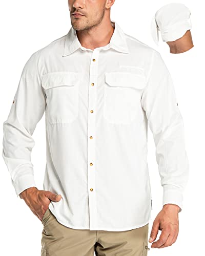 33,000ft Men's Long Sleeve Sun Protection Shirt UPF 50+ UV Quick Dry Cooling Fishing Shirts for Travel Safari Camping Hiking White