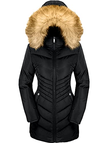 Szory Women's Down Jacket Winter Long Puffer Parka Coat with Removable Fur Hood (Black,Small)