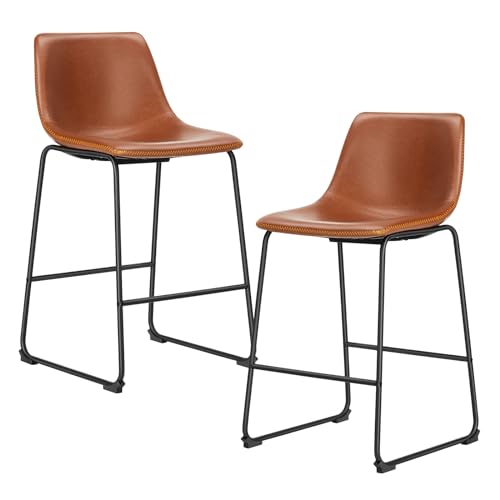 edx Bar Stools Set of 2, 26 Inch Mid Century Modern Brown Armless Counter Height Bar Stools Chairs with Faux Leather, Back, Metal Leg for Home, Kitchen Island, Bar, Party, High Table