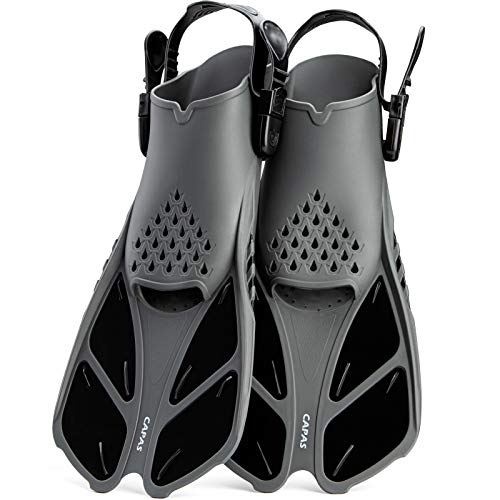 CAPAS Swim Fins, Snorkel Fins with Travel Size Short Fins for Snorkeling Diving Adjustable Open Heel Flippers for Men Women Youth