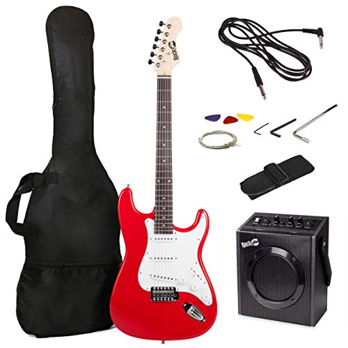 RockJam Electric Guitar Superkit with 10-watt Amp, Gig Bag, Picks & Online Lessons 6 String Pack, Right, Red, Full (RJEG03-SK-RD)