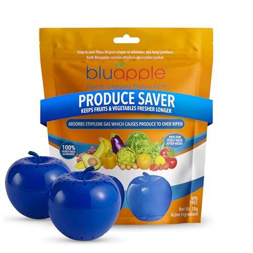 Bluapple Produce Saver 2-Pack - Keeps Fruits & Vegetables Fresh Longer in Refrigerator Crisper, Shelves, and Fruit Bowls, Lasts up to 3 Months, Ethylene Gas Absorber, BPA Free, Made in USA