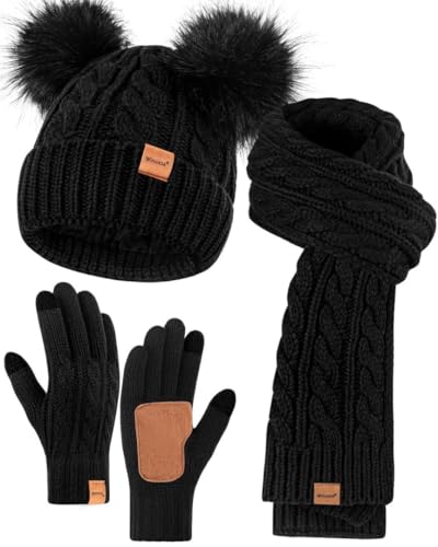 Winter Hat Scarf Glove Set for Women, Warm Fleece Lined Womens Beanie Hat with Double Pom Pom, Gloves with Touchscreen Fingers, Knit Scarf Neck Warmer for Cold Weather-Black
