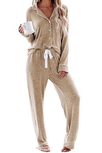 Aamikast Women's Pajama Sets Long Sleeve Button Down Sleepwear Nightwear Soft Pjs Lounge Sets (Small, light brown)