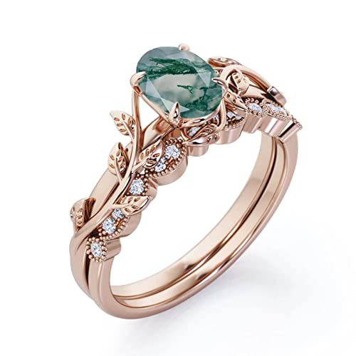 Luyona 1.25 Ct Oval Cut Nature Inspired Green Moss Agate Bridal Set in White Gold/Rose Gold Leaf and Vine Gemstone Ring, Matching Scalloped Band, Nature Lovers-R